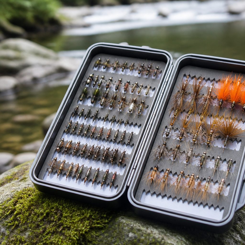 An open fly box showing rows of weighted beadhead nymphs, stonefly patterns, soft hackles and a few large orange dry flies