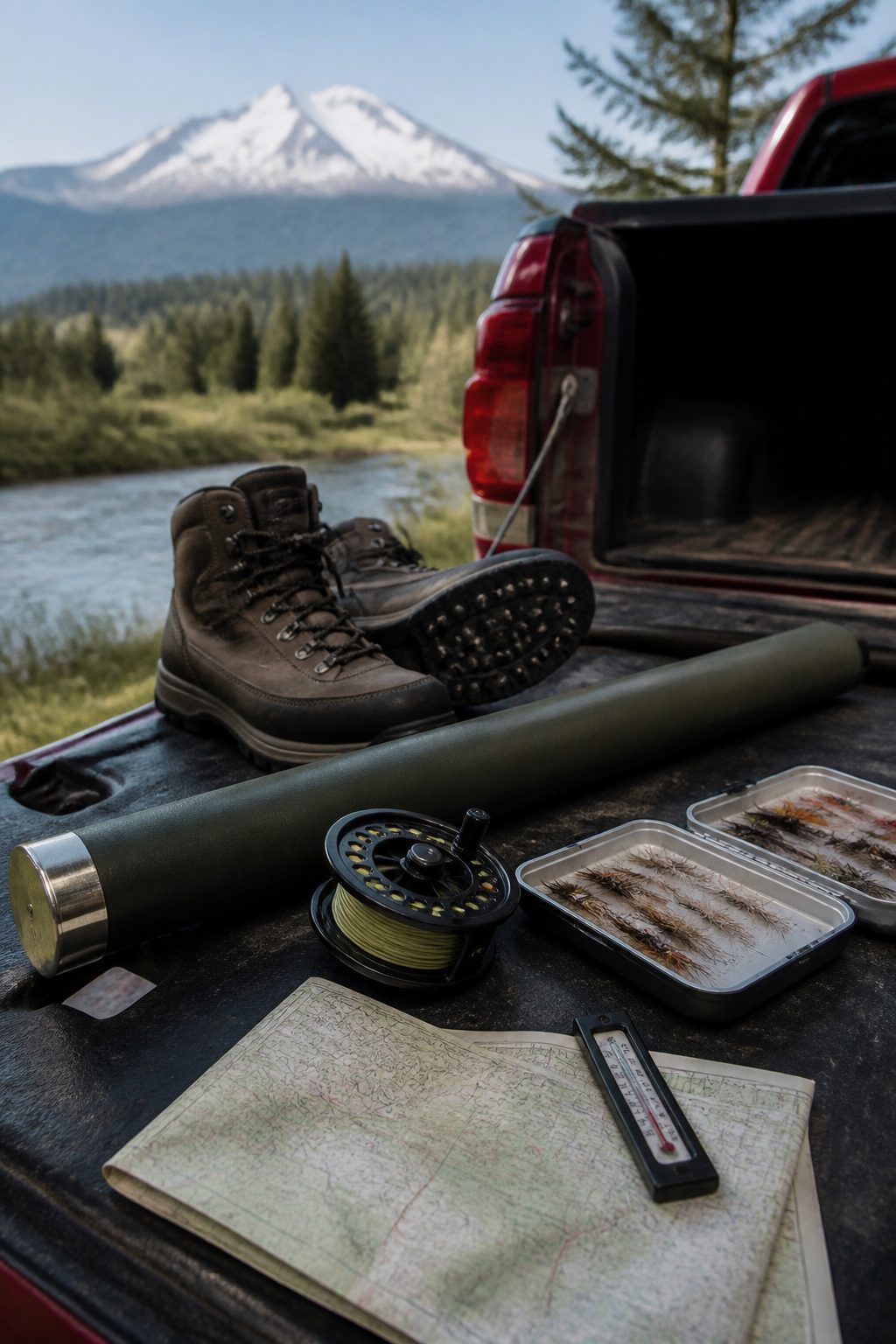 Fly fishing gear laid out on a truck tailgate: rod tube, reel, fly boxes, wading boots with studs, a thermometer and a folded map