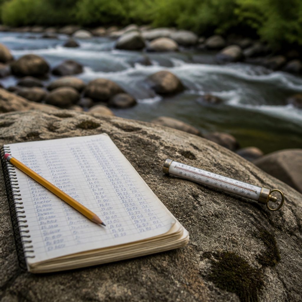A weathered notebook with handwritten flow and temperature readings, a stream thermometer and a pencil resting on a river boulder